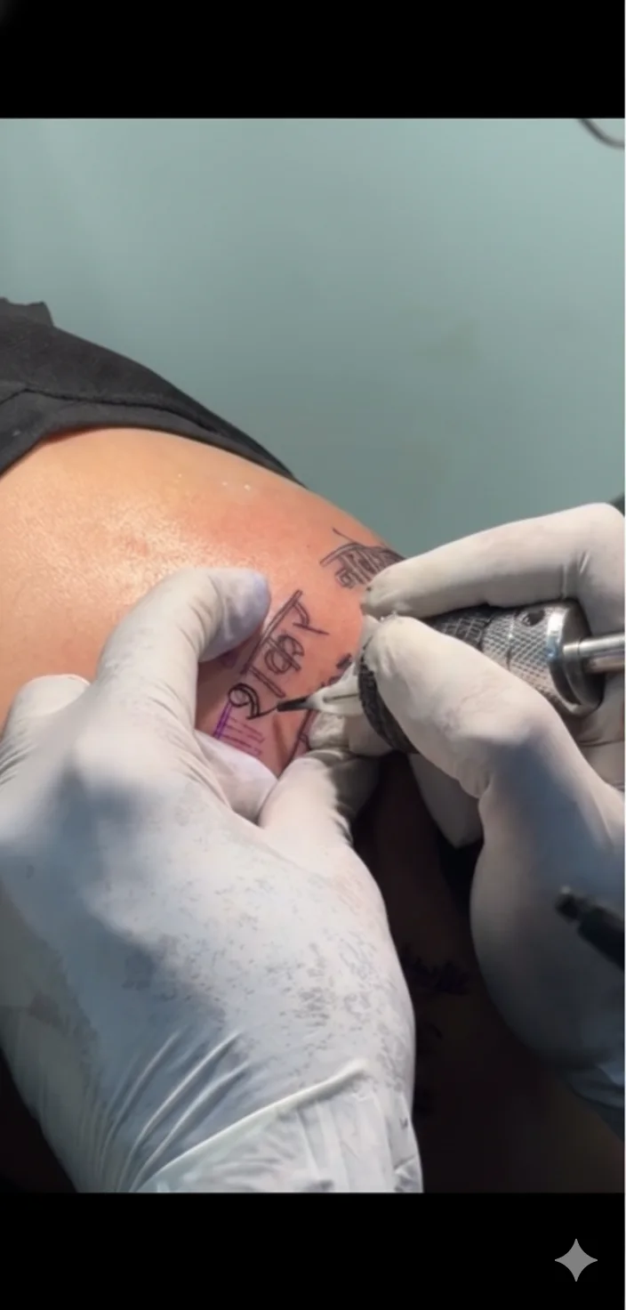 Tattoo artist working on a custom upper-arm design